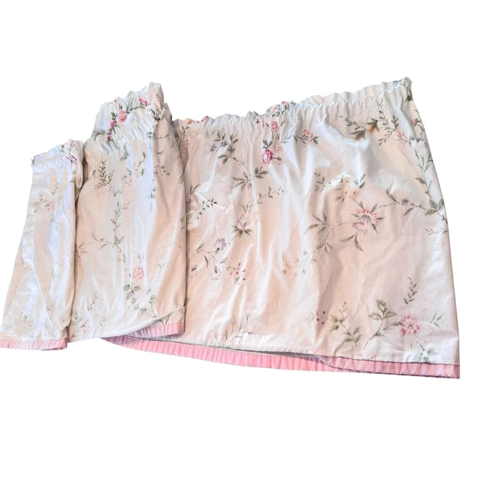 Shabby Chic Floral Kitchen Valance Set Two Rod Pocket Pink Trim Curtain 12' LONG